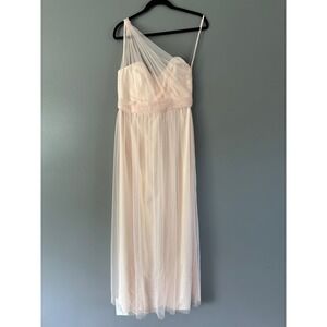 Amsale Blush Pink Tulle Lace One Shoulder Midi Dress SZ 12‎ Bridesmaid Wedding